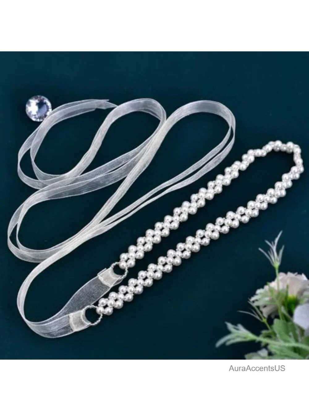 Pearl Beaded Wedding Sash Belt Handmade Organza Ribbon Bridal Gown Belt